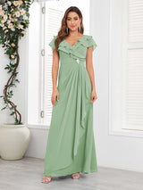 Chic V-Neck Beading Ruched Chiffon Floor Length Mother Of The Bride Dresses