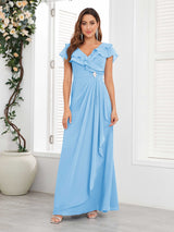 Chic V-Neck Beading Ruched Chiffon Floor Length Mother Of The Bride Dresses