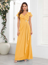 Chic V-Neck Beading Ruched Chiffon Floor Length Mother Of The Bride Dresses
