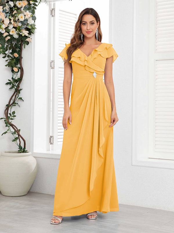 Mustard Chic V-Neck Beading Ruched Chiffon Floor Length Mother Of The Bride Dresses