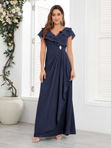 Chic V-Neck Beading Ruched Chiffon Floor Length Mother Of The Bride Dresses