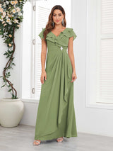 Chic V-Neck Beading Ruched Chiffon Floor Length Mother Of The Bride Dresses