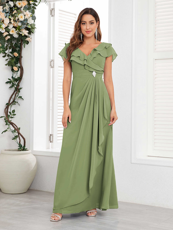 Olive Green Chic V-Neck Beading Ruched Chiffon Floor Length Mother Of The Bride Dresses