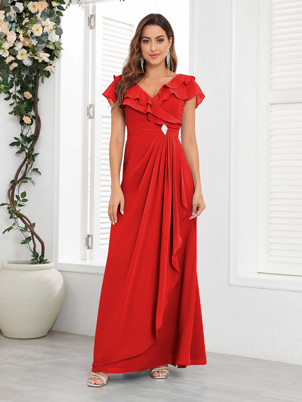 Red Chic V-Neck Beading Ruched Chiffon Floor Length Mother Of The Bride Dresses