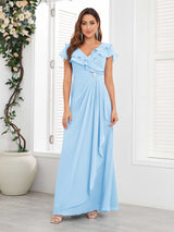 Chic V-Neck Beading Ruched Chiffon Floor Length Mother Of The Bride Dresses