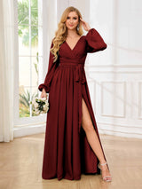 Chic V-Neck Long Sleeves Ruched Chiffon Floor Length Bridesmaid Dresses