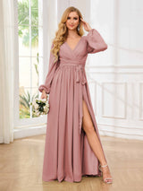 Chic V-Neck Long Sleeves Ruched Chiffon Floor Length Bridesmaid Dresses