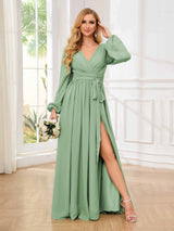 Chic V-Neck Long Sleeves Ruched Chiffon Floor Length Bridesmaid Dresses