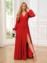 Chic V-Neck Long Sleeves Ruched Chiffon Floor Length Bridesmaid Dresses