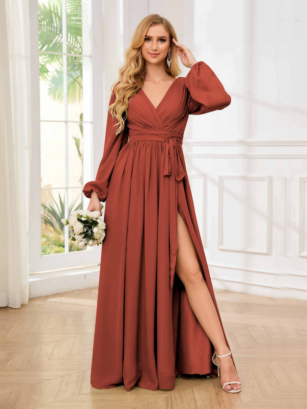 Rust Chic V-Neck Long Sleeves Ruched Chiffon Floor Length Bridesmaid Dresses