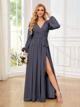 Chic V-Neck Long Sleeves Ruched Chiffon Floor Length Bridesmaid Dresses