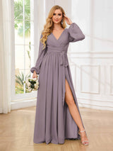 Chic V-Neck Long Sleeves Ruched Chiffon Floor Length Bridesmaid Dresses
