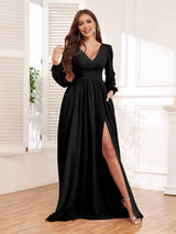 Chic V-Neck Long Sleeves Slit Chiffon Bridesmaid Dresses With Pockets