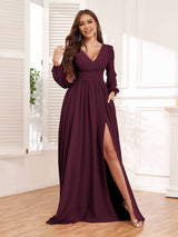 Chic V-Neck Long Sleeves Slit Chiffon Bridesmaid Dresses With Pockets