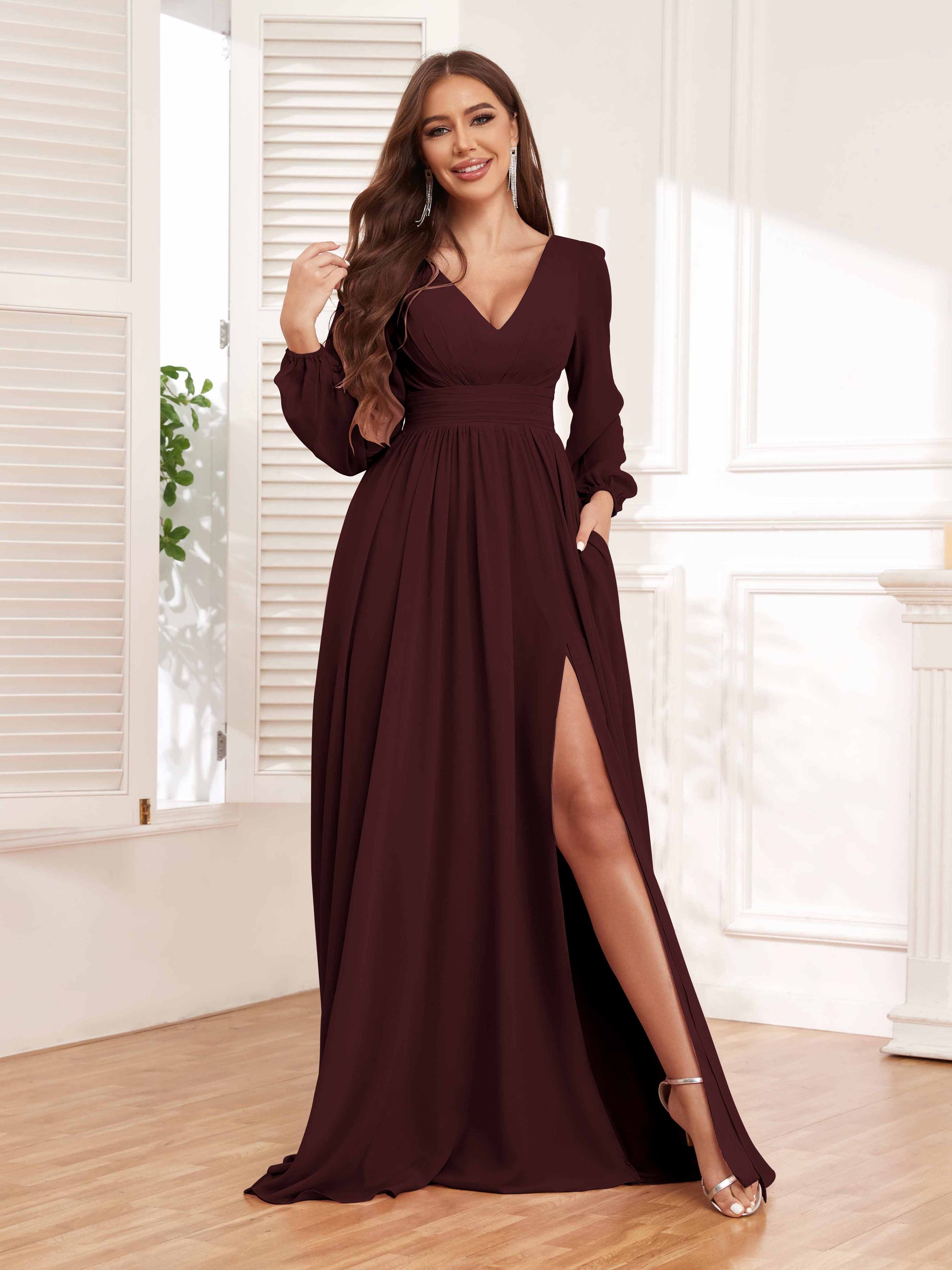 long sleeve chiffon bridesmaid dress with slit Long Sleeve Chiffon Bridesmaid Dress with Slit