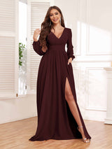 Chic V-Neck Long Sleeves Slit Chiffon Bridesmaid Dresses With Pockets
