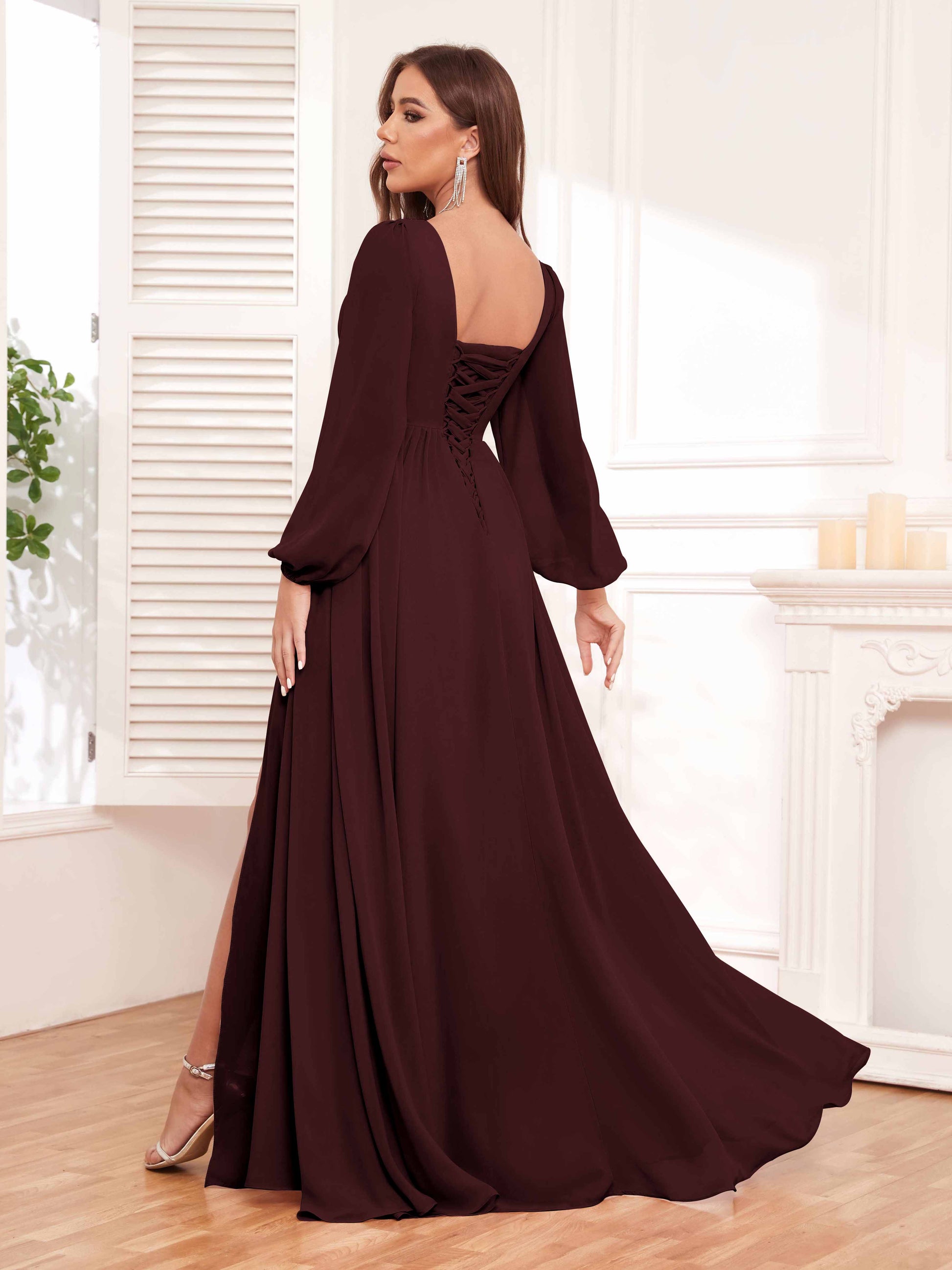 Chic V-Neck Long Sleeves Slit Chiffon Bridesmaid Dresses With Pockets mollyevers.com Chic V-Neck Long Sleeves Slit Chiffon Bridesmaid Dresses With Pockets mollyevers.com