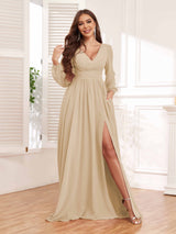 Chic V-Neck Long Sleeves Slit Chiffon Bridesmaid Dresses With Pockets