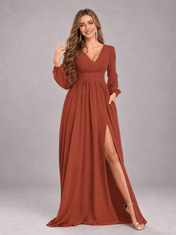 Rust Chic V-Neck Long Sleeves Slit Chiffon Bridesmaid Dress With Pockets