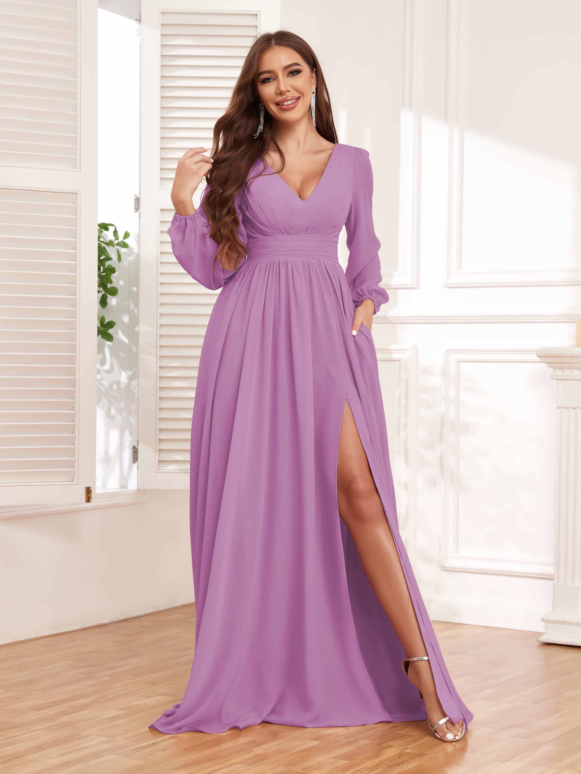 Chic V-Neck Long Sleeves Slit Chiffon Bridesmaid Dresses With Pockets mollyevers.com Chic V-Neck Long Sleeves Slit Chiffon Bridesmaid Dresses With Pockets mollyevers.com