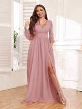 Chic V-Neck Long Sleeves Slit Chiffon Bridesmaid Dresses With Pockets