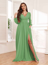 Chic V-Neck Long Sleeves Slit Chiffon Bridesmaid Dresses With Pockets