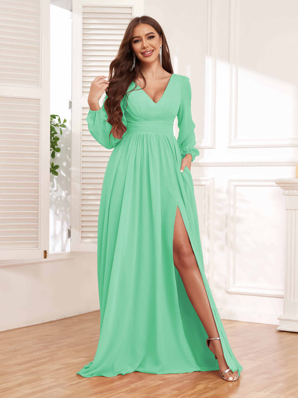 Mint Green Chic V-Neck Long Sleeves Slit Chiffon Bridesmaid Dresses With Pockets