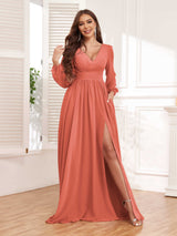 Chic V-Neck Long Sleeves Slit Chiffon Bridesmaid Dresses With Pockets