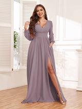 Chic V-Neck Long Sleeves Slit Chiffon Bridesmaid Dresses With Pockets