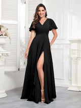 Chic V-Neck Short Sleeves Chiffon Bridesmaid Dresses With Pockets
