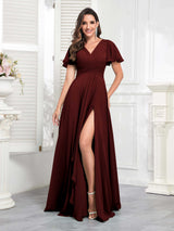 Chic V-Neck Short Sleeves Chiffon Bridesmaid Dresses With Pockets