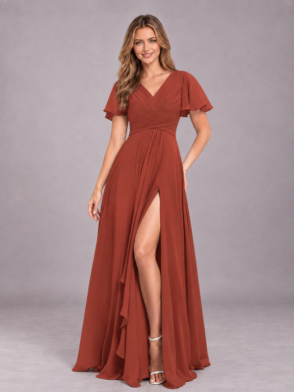 Rust Chic V-Neck Short Sleeves Chiffon Bridesmaid Dress With Pockets