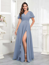 Chic V-Neck Short Sleeves Chiffon Bridesmaid Dresses With Pockets