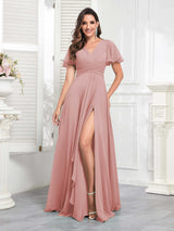 Chic V-Neck Short Sleeves Chiffon Bridesmaid Dresses With Pockets