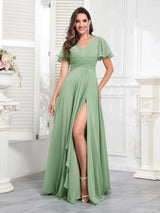 Chic V-Neck Short Sleeves Chiffon Bridesmaid Dresses With Pockets