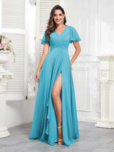 Chic V-Neck Short Sleeves Chiffon Bridesmaid Dresses With Pockets