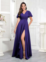 Chic V-Neck Short Sleeves Chiffon Bridesmaid Dresses With Pockets