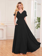 Chic V-Neck Short Sleeves Slit Chiffon Bridesmaid Dresses With Pockets