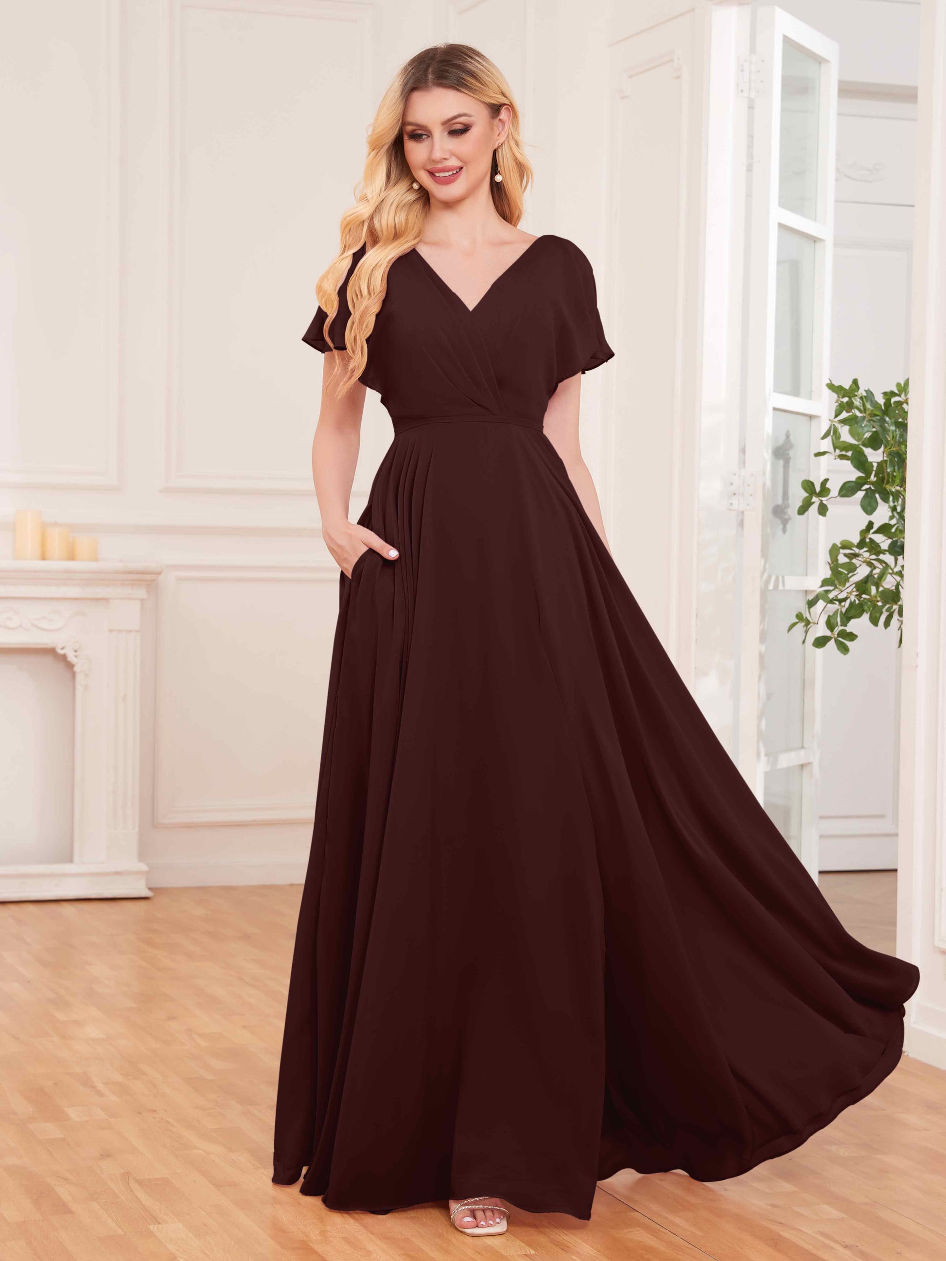 Chic V-Neck Short Sleeves Slit Chiffon Bridesmaid Dresses With Pockets mollyevers.com Chic V-Neck Short Sleeves Slit Chiffon Bridesmaid Dresses With Pockets mollyevers.com