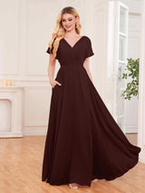 Chic V-Neck Short Sleeves Slit Chiffon Bridesmaid Dresses With Pockets
