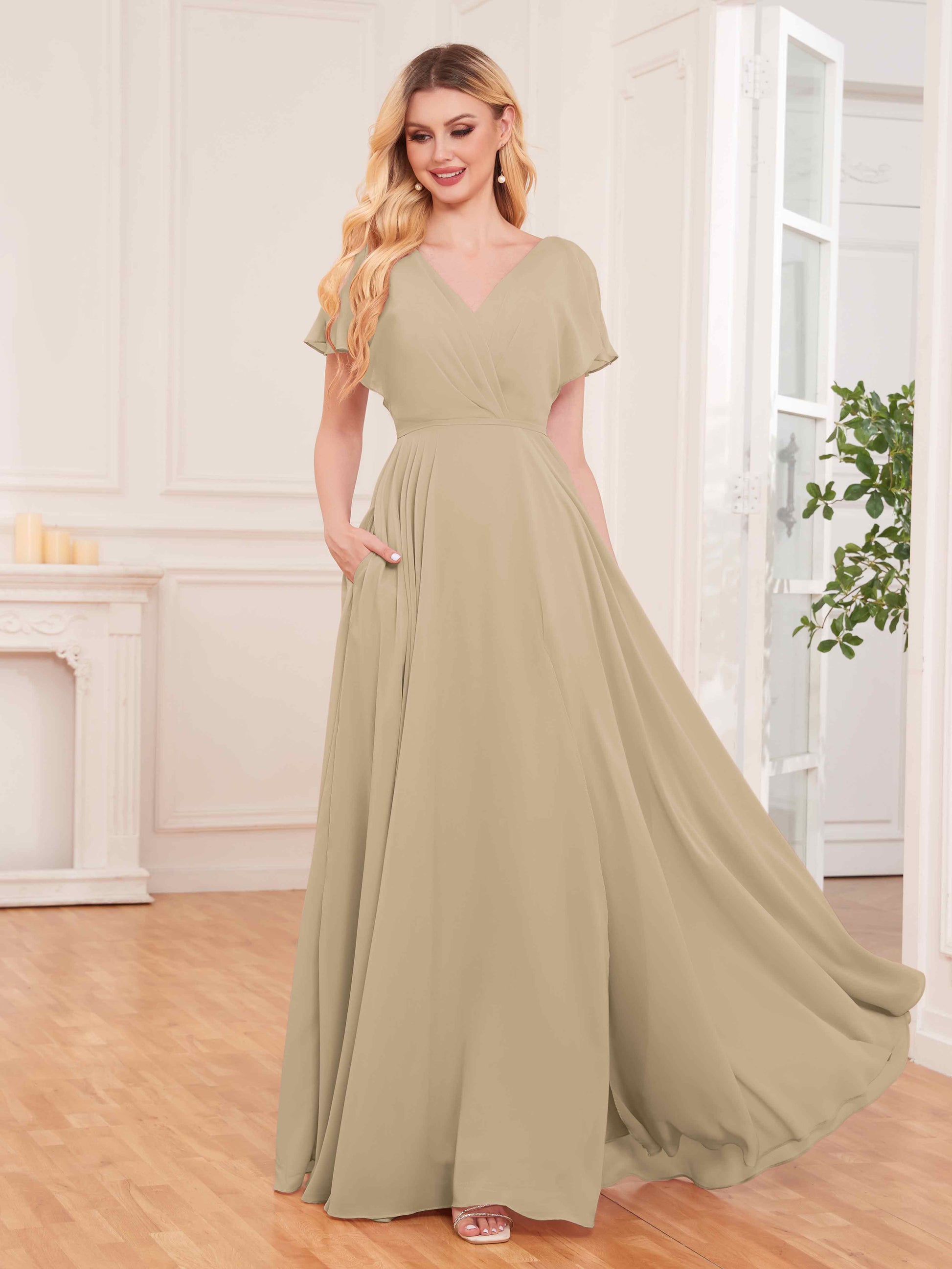 Chic V-Neck Short Sleeves Slit Chiffon Bridesmaid Dresses With Pockets mollyevers.com Chic V-Neck Short Sleeves Slit Chiffon Bridesmaid Dresses With Pockets mollyevers.com