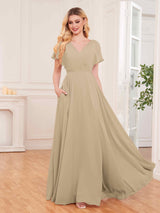 Chic V-Neck Short Sleeves Slit Chiffon Bridesmaid Dresses With Pockets