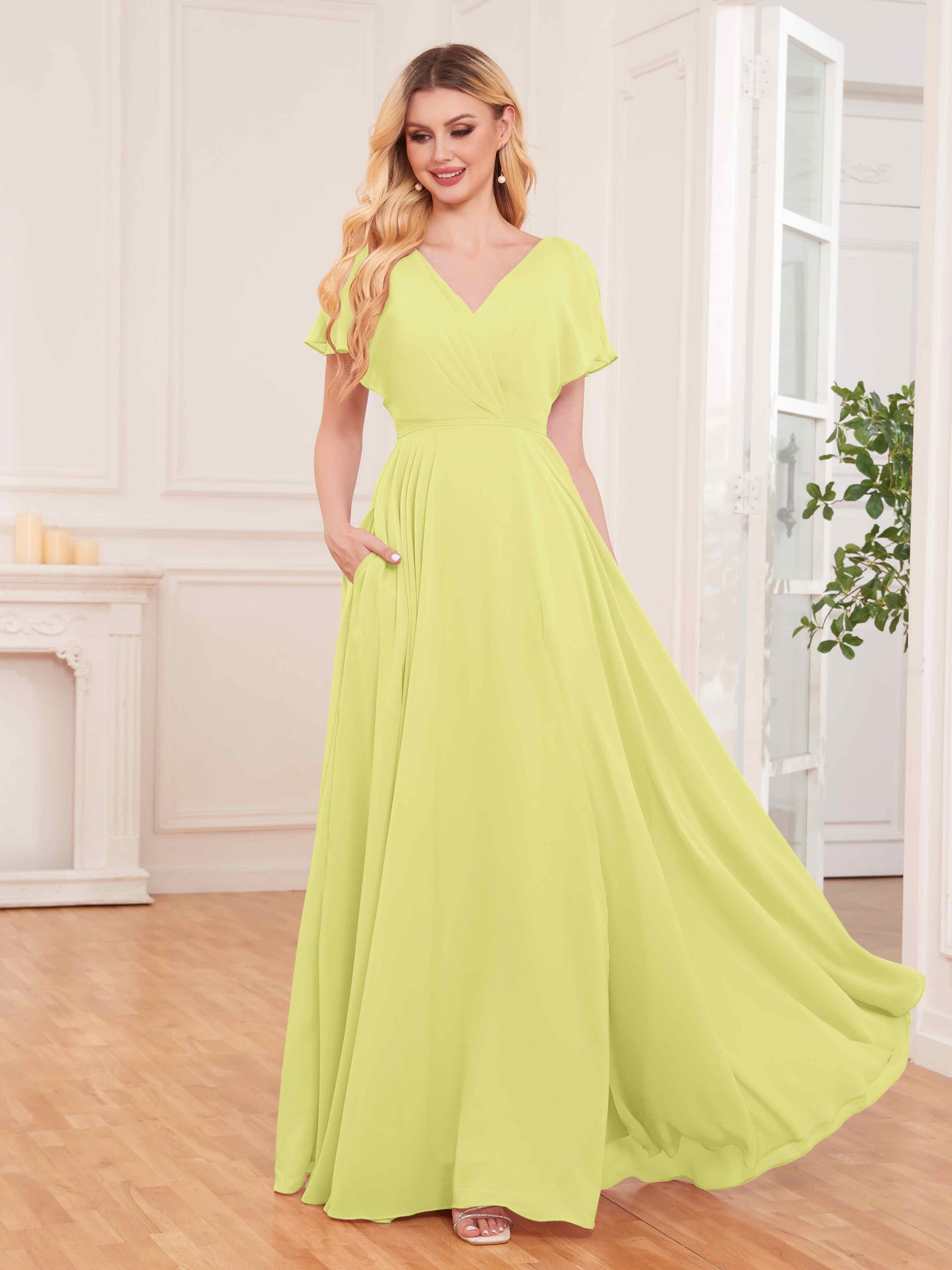 Chic V-Neck Short Sleeves Slit Chiffon Bridesmaid Dresses With Pockets mollyevers.com Chic V-Neck Short Sleeves Slit Chiffon Bridesmaid Dresses With Pockets mollyevers.com