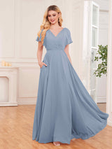 Chic V-Neck Short Sleeves Slit Chiffon Bridesmaid Dresses With Pockets