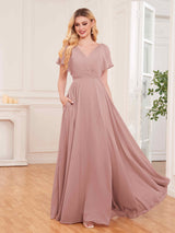 Chic V-Neck Short Sleeves Slit Chiffon Bridesmaid Dresses With Pockets