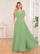 Chic V-Neck Short Sleeves Slit Chiffon Bridesmaid Dresses With Pockets