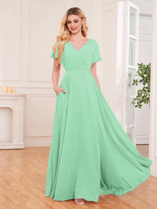 Mint Green Chic V-Neck Short Sleeves Slit Chiffon Bridesmaid Dresses With Pockets