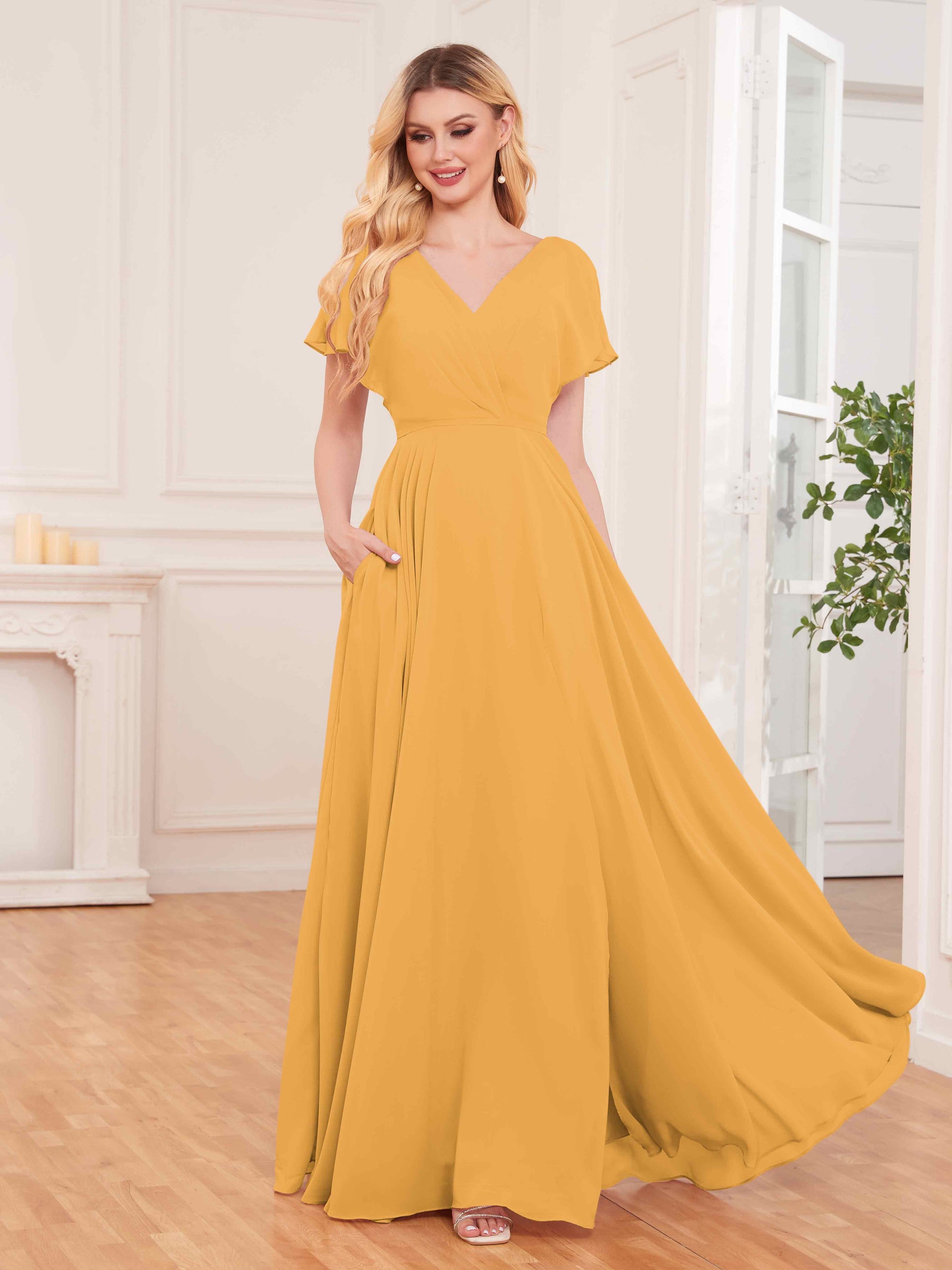 Chic V-Neck Short Sleeves Slit Chiffon Bridesmaid Dresses With Pockets mollyevers.com Chic V-Neck Short Sleeves Slit Chiffon Bridesmaid Dresses With Pockets mollyevers.com