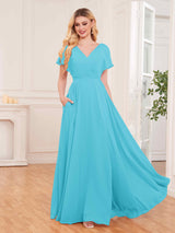 Chic V-Neck Short Sleeves Slit Chiffon Bridesmaid Dresses With Pockets