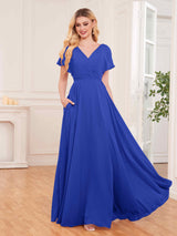 Chic V-Neck Short Sleeves Slit Chiffon Bridesmaid Dresses With Pockets